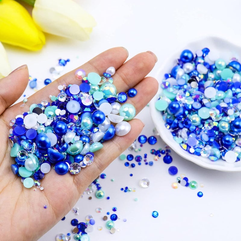 Briskbloom 60g Mix Flatback Pearls and Rhinestones for Crafts, 2mm-10mm Blue Green White for Nail Face Art Tumblers, Jelly Rhinestones and Half Pearls, With Tweezers Wax Pen - Image 2